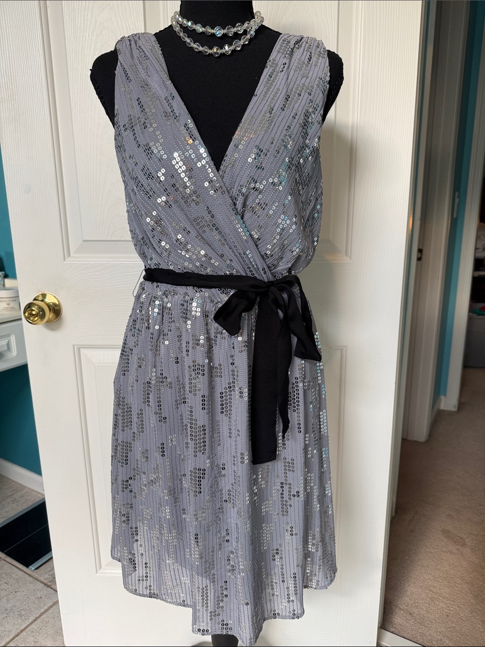 Vintage Express Silver Sequin V-Neck Mini Dress with Black Tie
